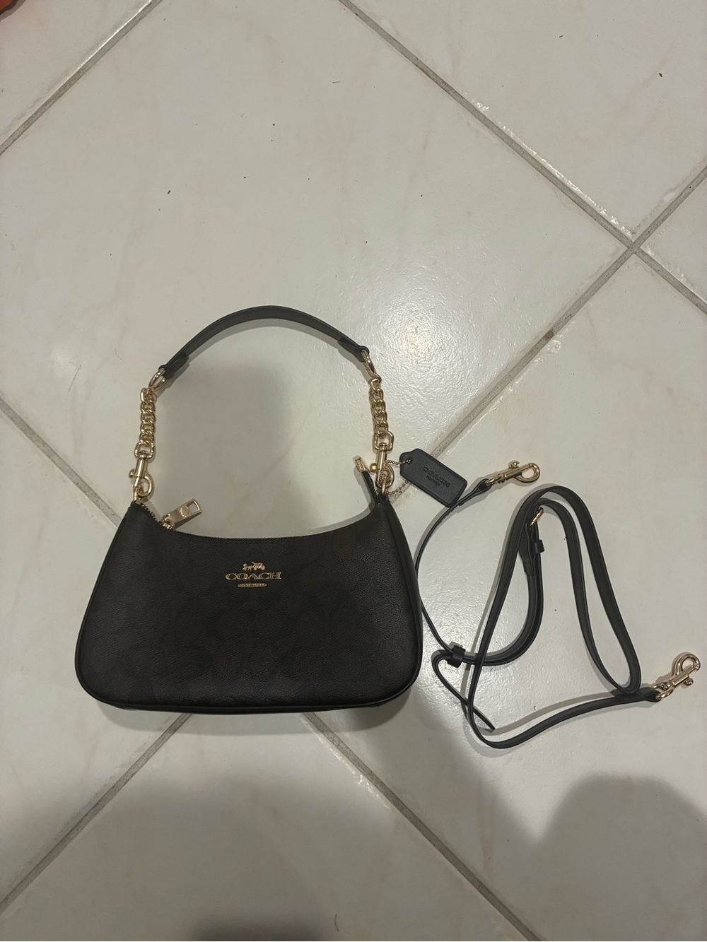 Coach Dark Brown Signature Mini Shoulder Bag with Gold Hardware